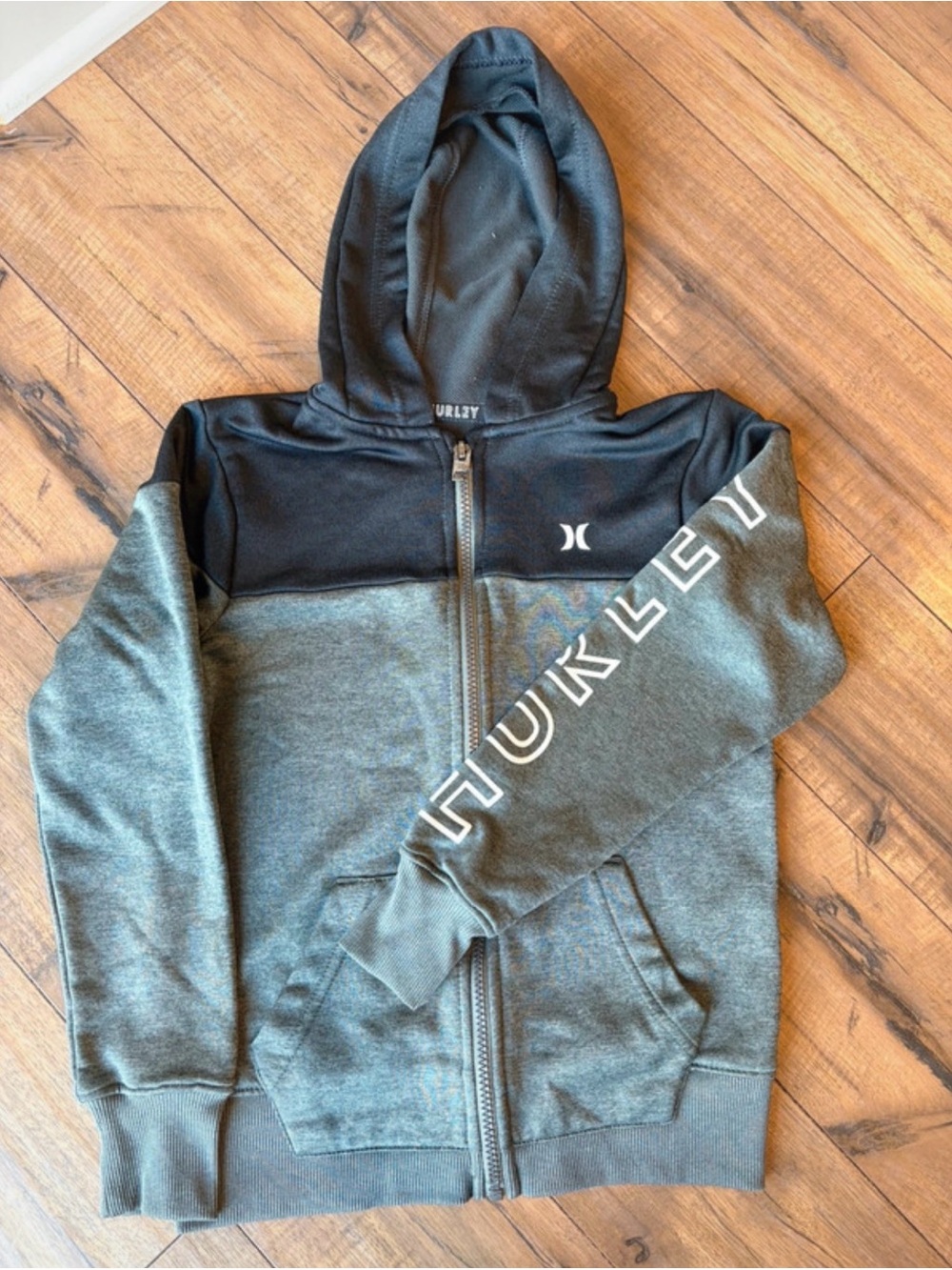 Hurley Kids' Black and Gray Zip-Up Hoodie with Sleeve Logo